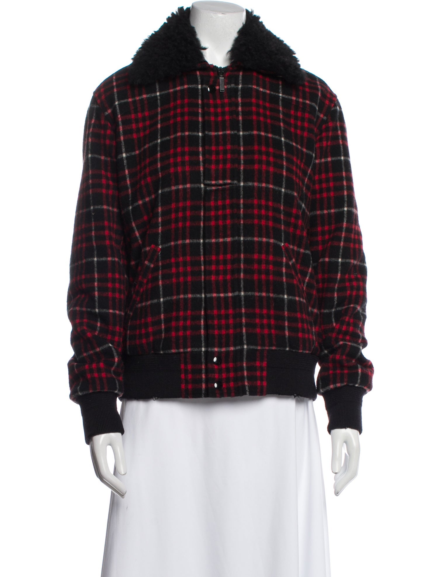 Saint Laurent Wool Plaid Print Fur Jacket
