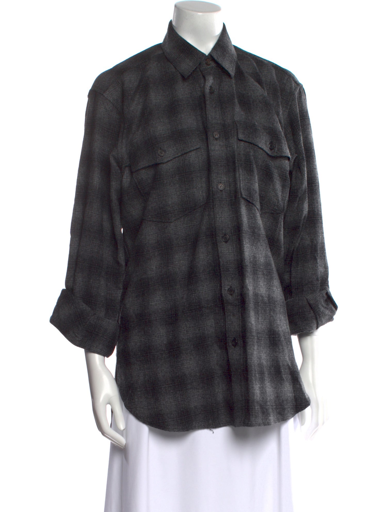 Saint Laurent Wool Plaid Print Button-Up Top