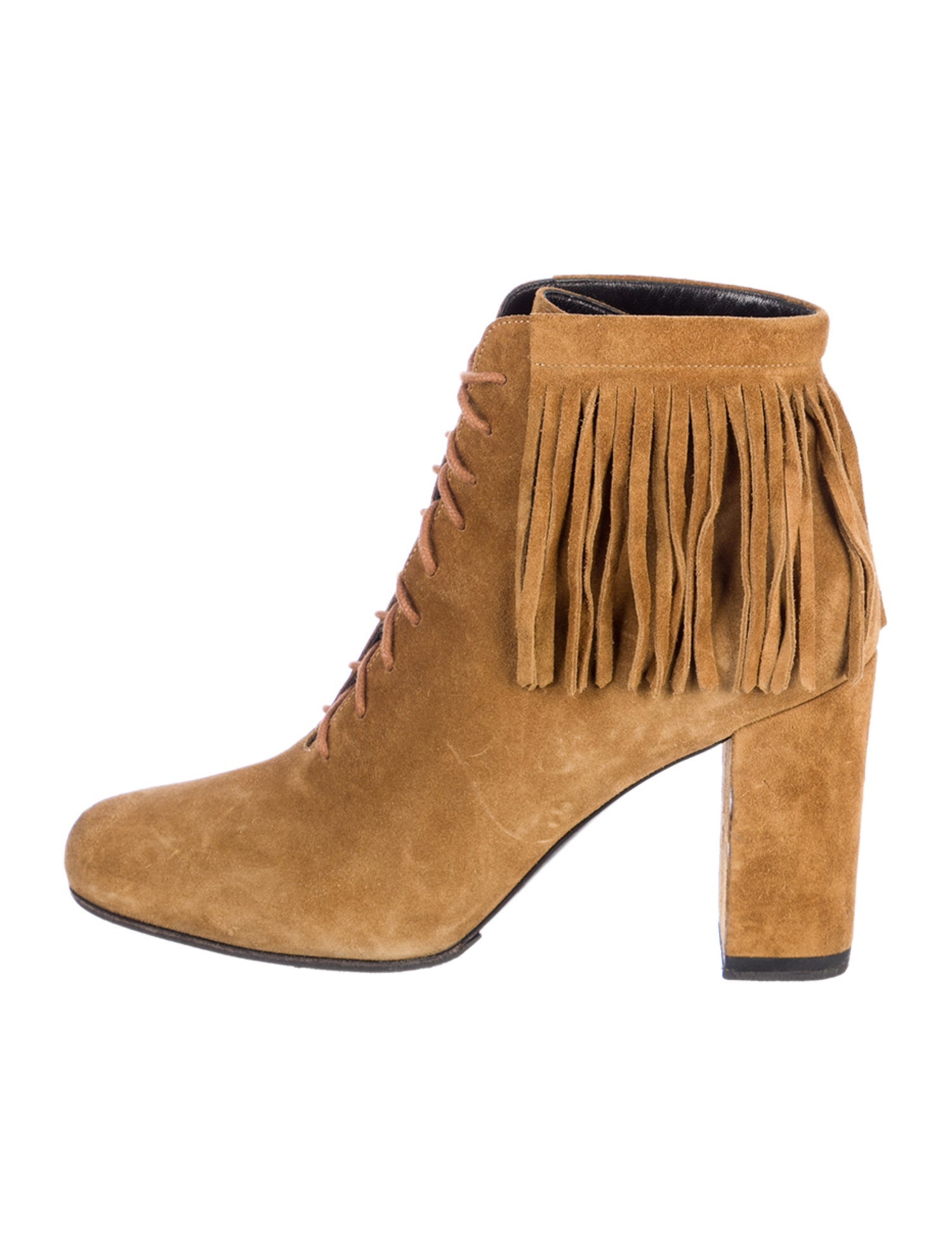 Saint Laurent Suede Fringe Trim Accent Lace-Up Boots