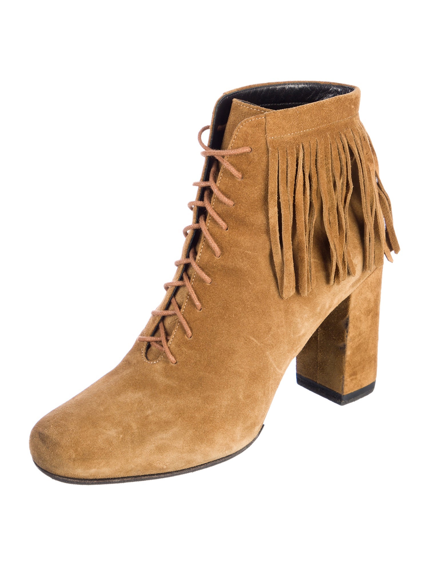 Saint Laurent Suede Fringe Trim Accent Lace-Up Boots