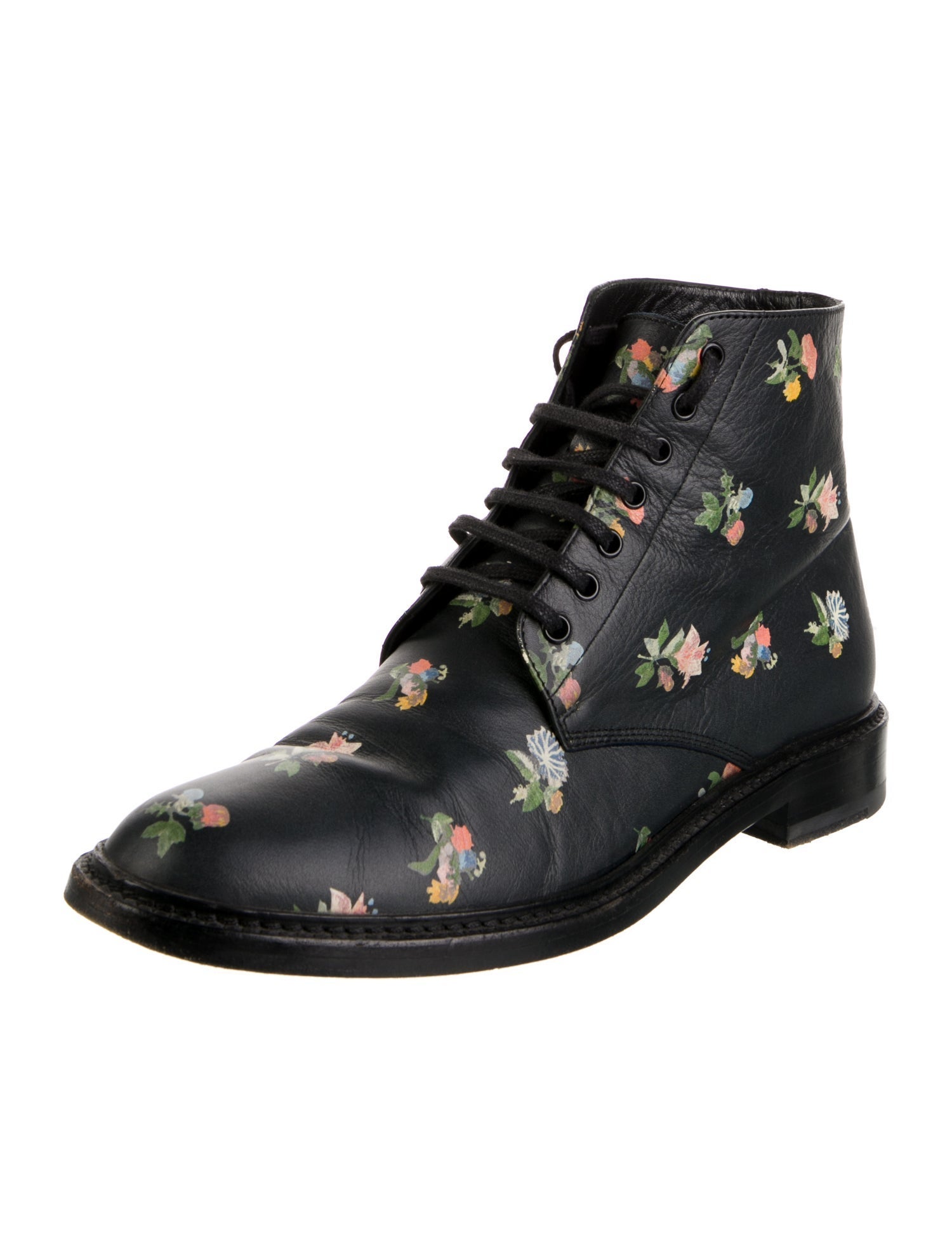 Saint Laurent Leather Floral Print Combat Boots