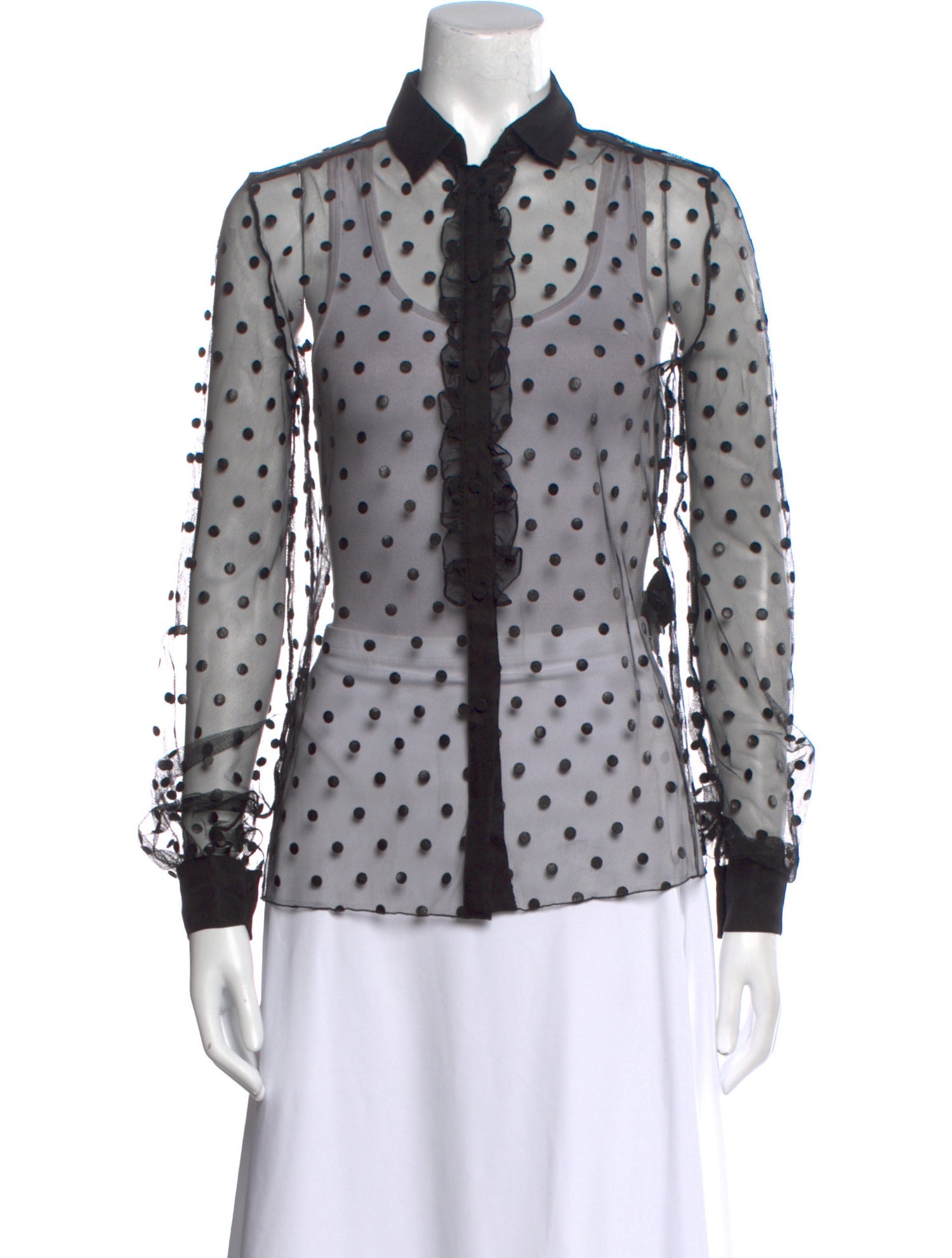 Saint Laurent Nylon Polka Dot Print Button-Up Top