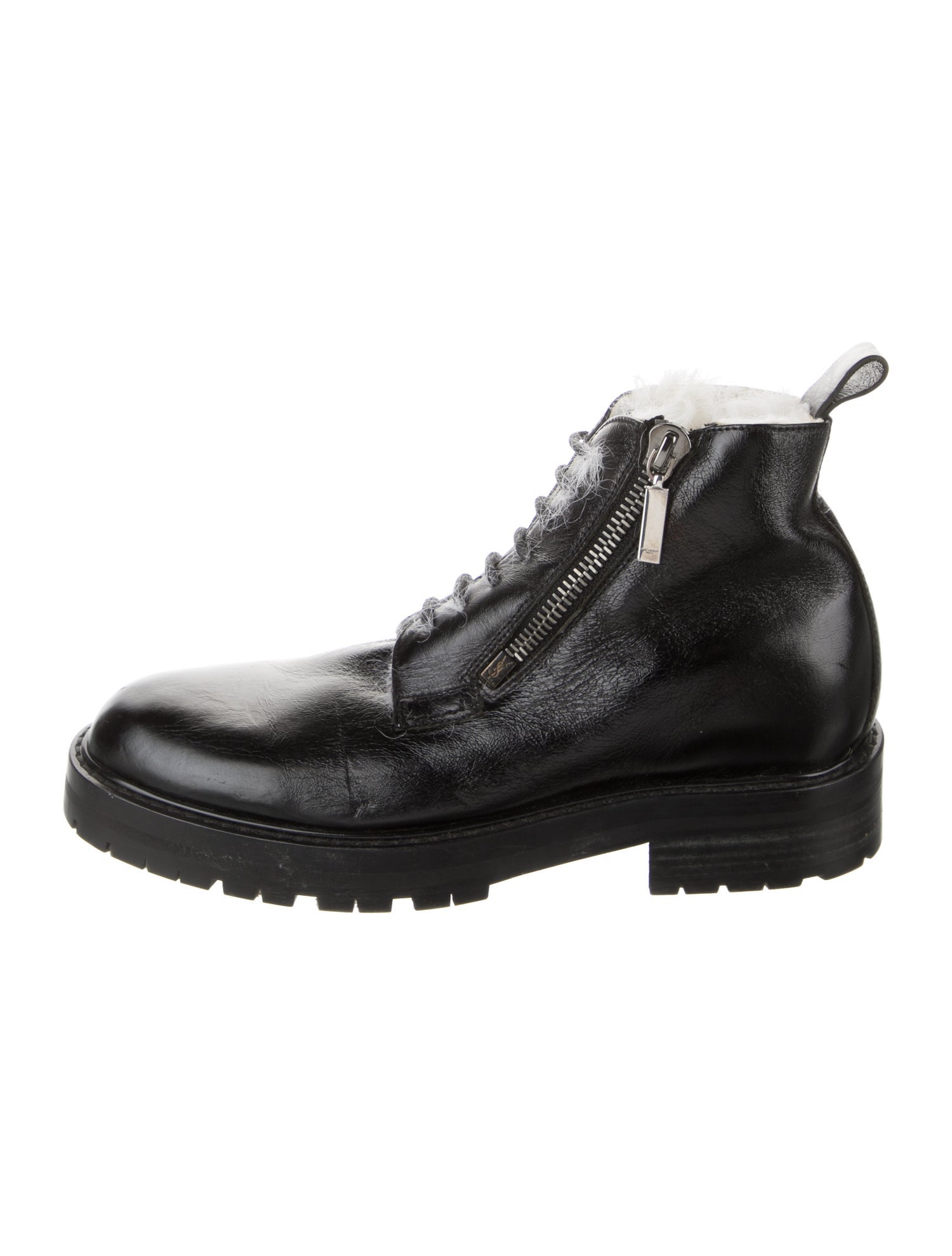 Saint Laurent Leather Fur Trim Combat Boots
