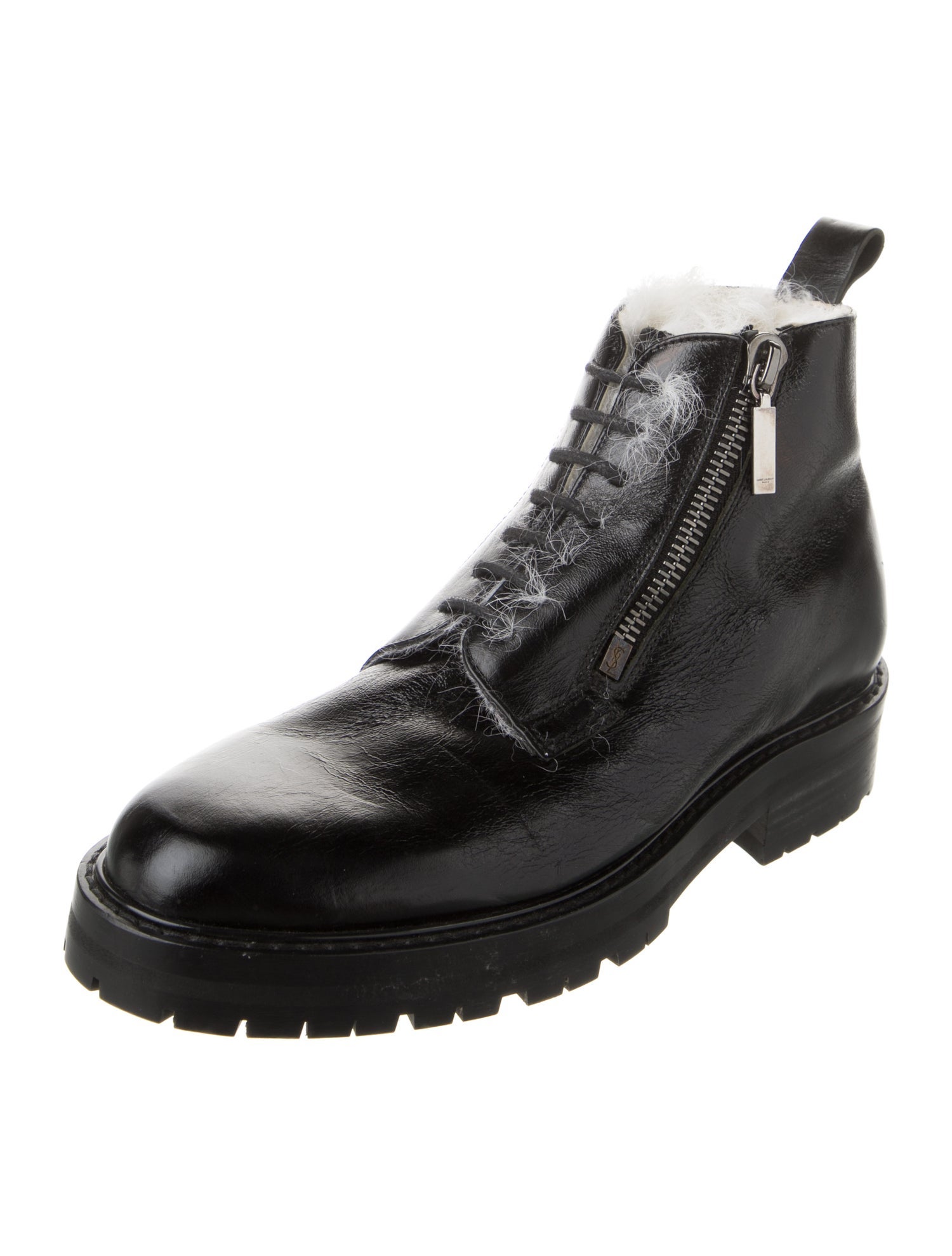 Saint Laurent Leather Fur Trim Combat Boots