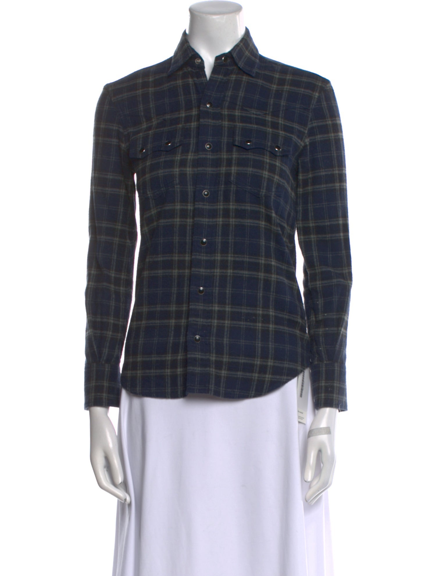 Saint Laurent Plaid Print Three-Quarter Sleeve Button-Up Top