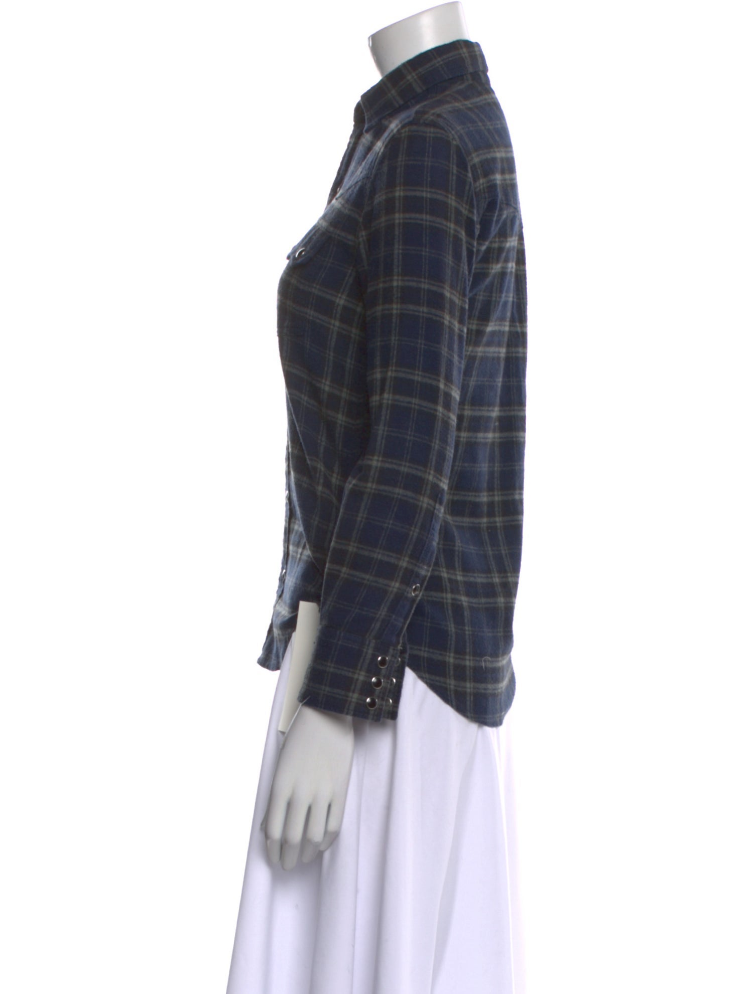 Saint Laurent Plaid Print Three-Quarter Sleeve Button-Up Top