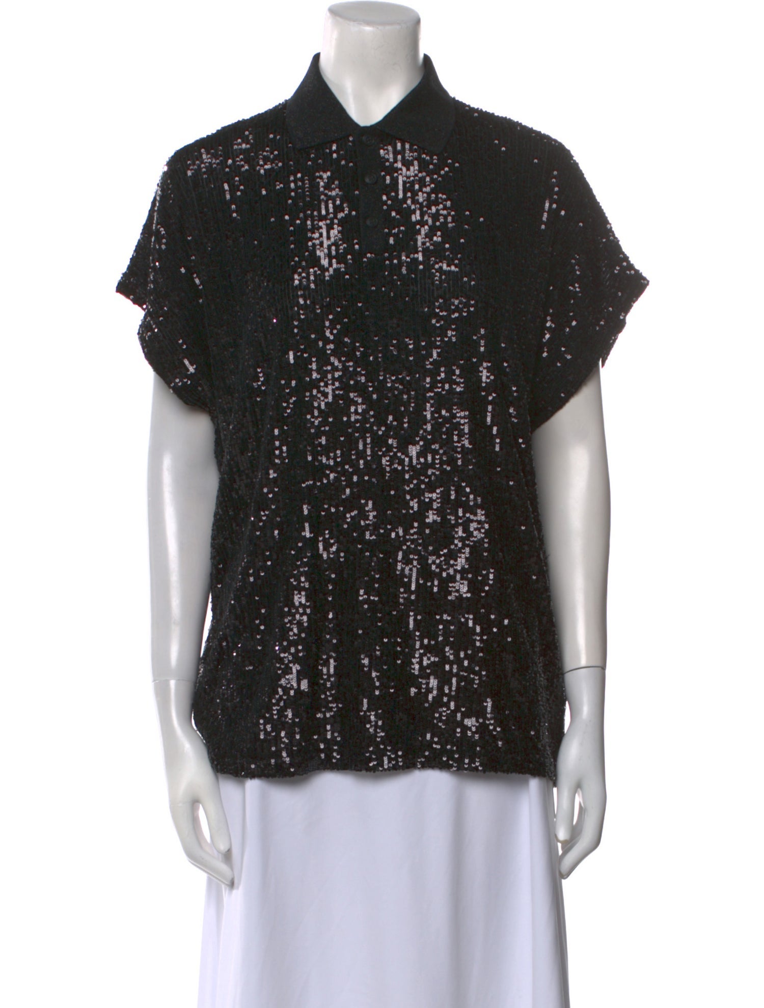 Saint Laurent Sequin Short Sleeve Button-Up Top