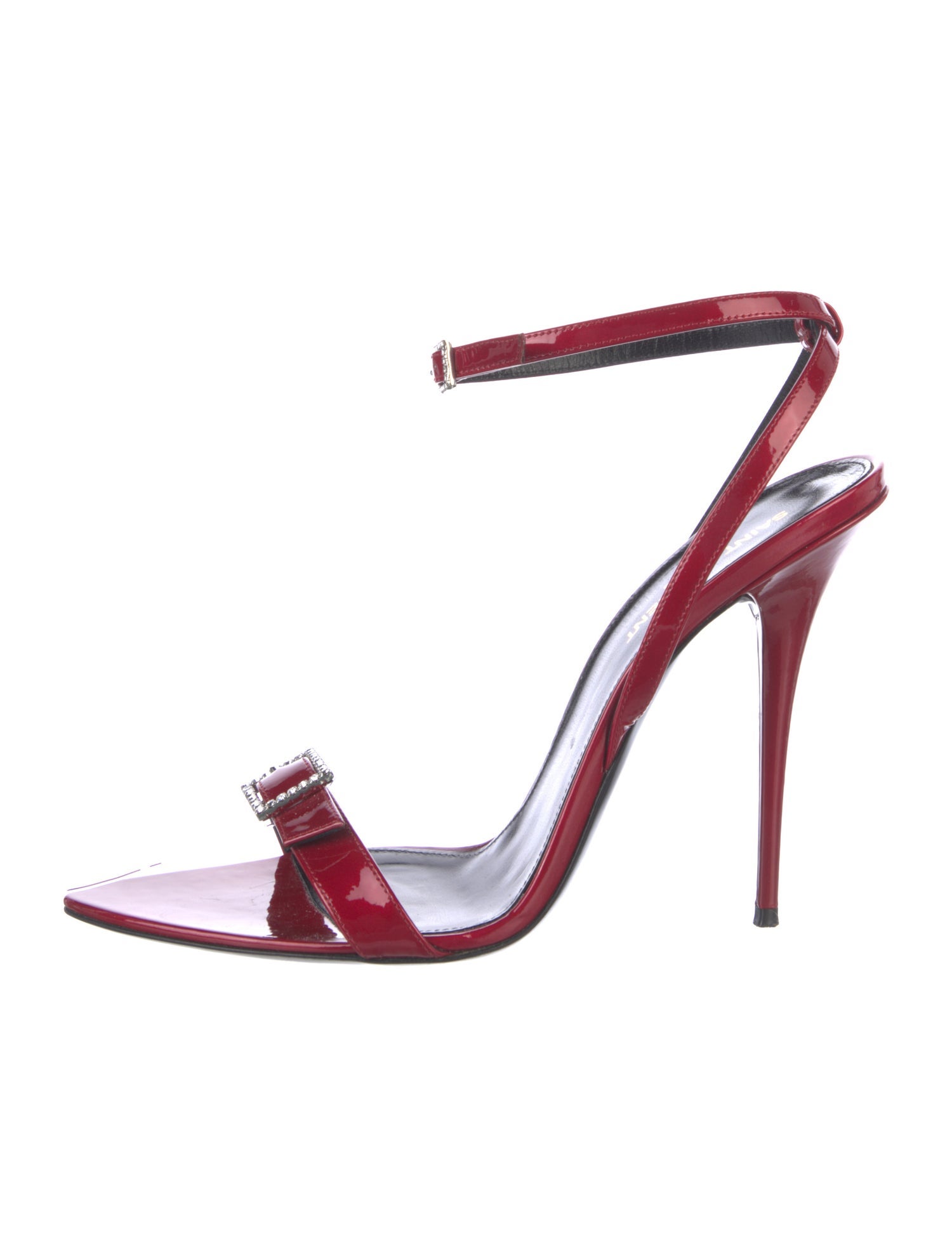 Saint Laurent Patent Leather Crystal Embellishments T-Strap Sandals