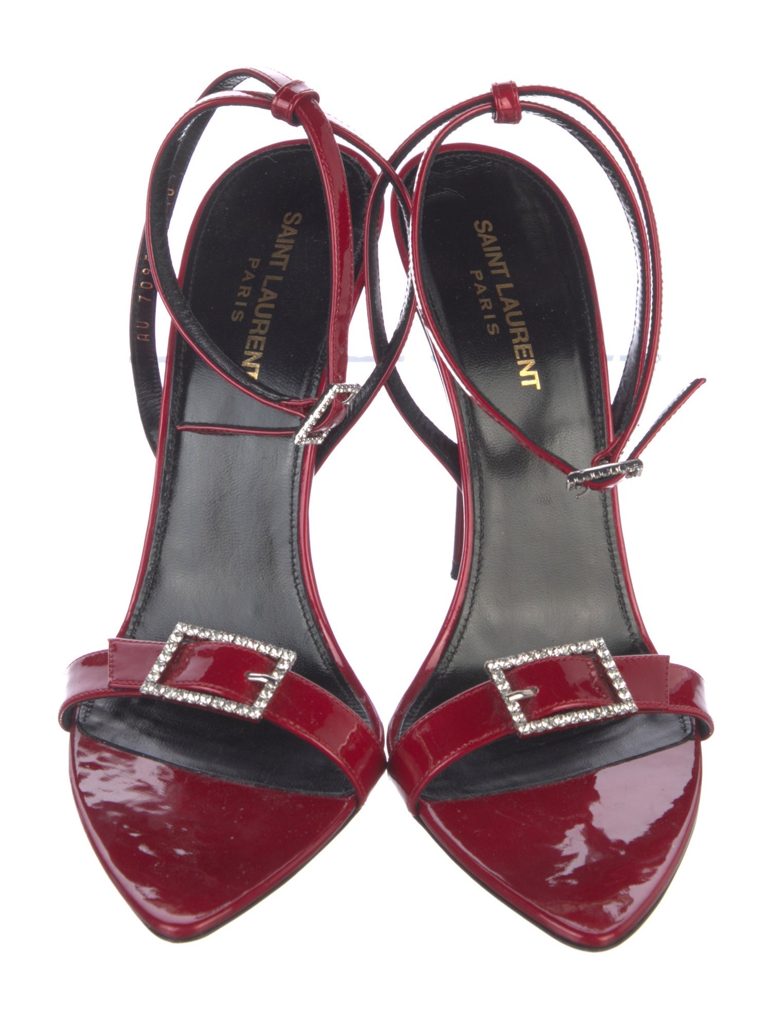 Saint Laurent Patent Leather Crystal Embellishments T-Strap Sandals