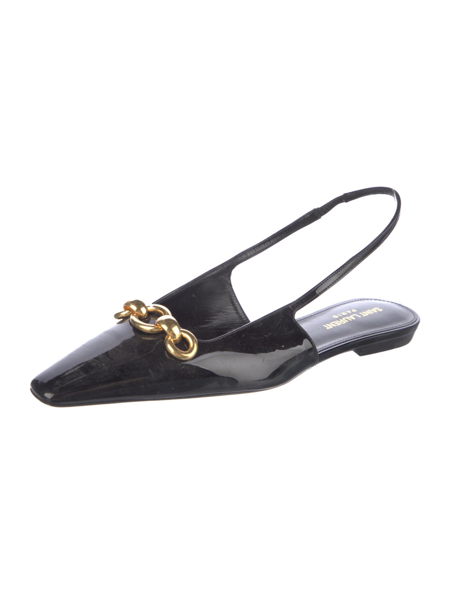 Saint Laurent Patent Leather Chain-Link Accents Slingback Flats