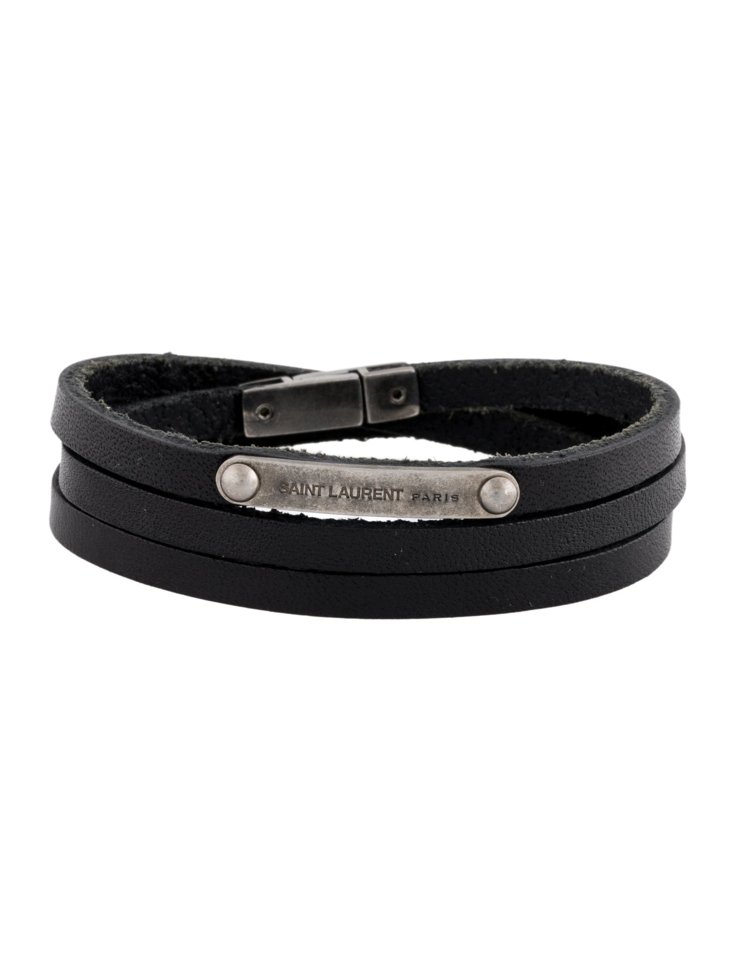 Saint Laurent Leather ID Plaque Triple Wrap Bracelet