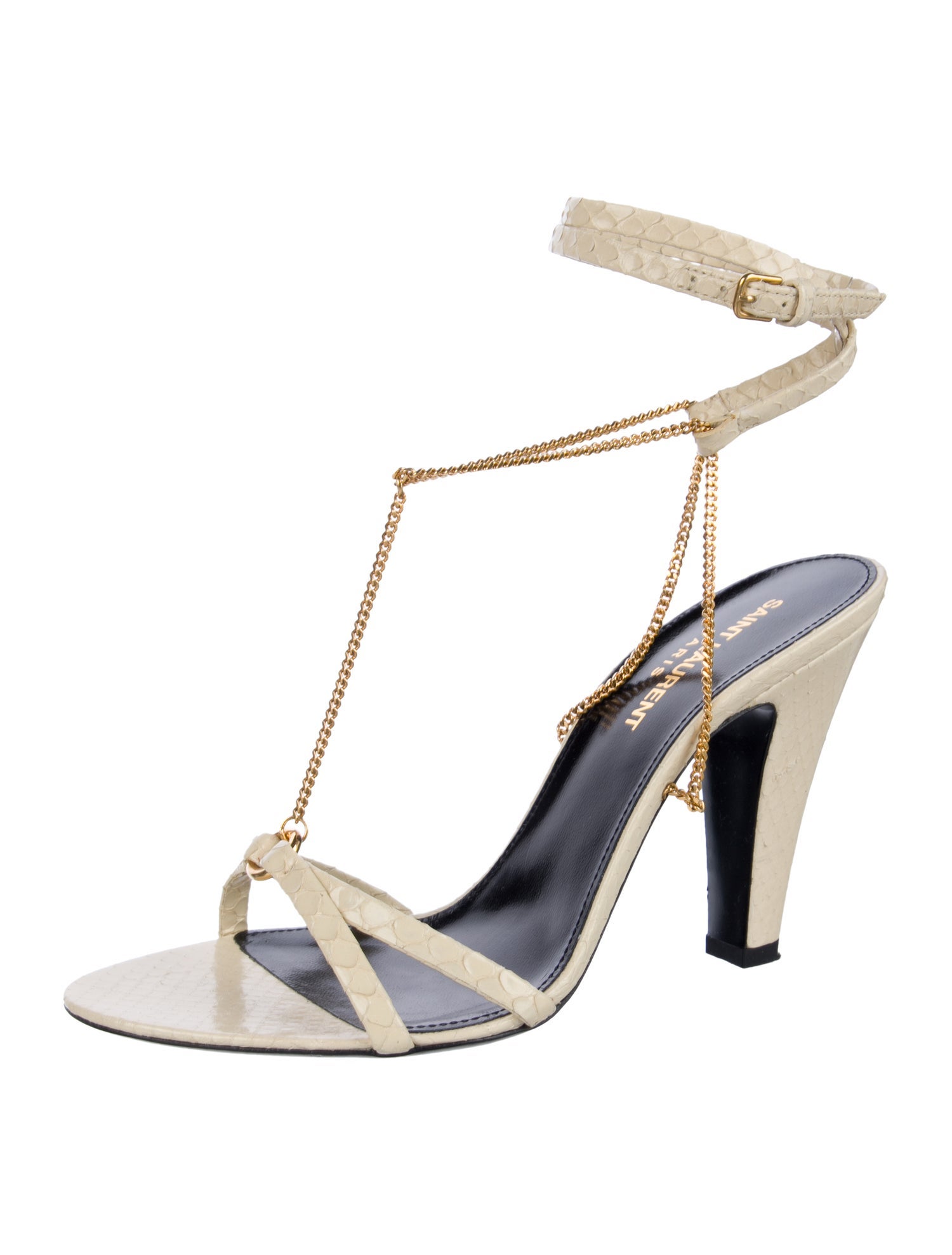 Saint Laurent Snakeskin Chain-Link Accents T-Strap Sandals