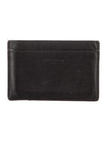 Pre-owned Saint Laurent Signature Logo Leather Card Holder In Black