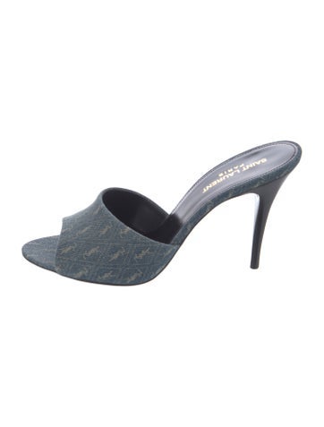 Pre-owned Saint Laurent Signature Logo Denim Slides In Blue