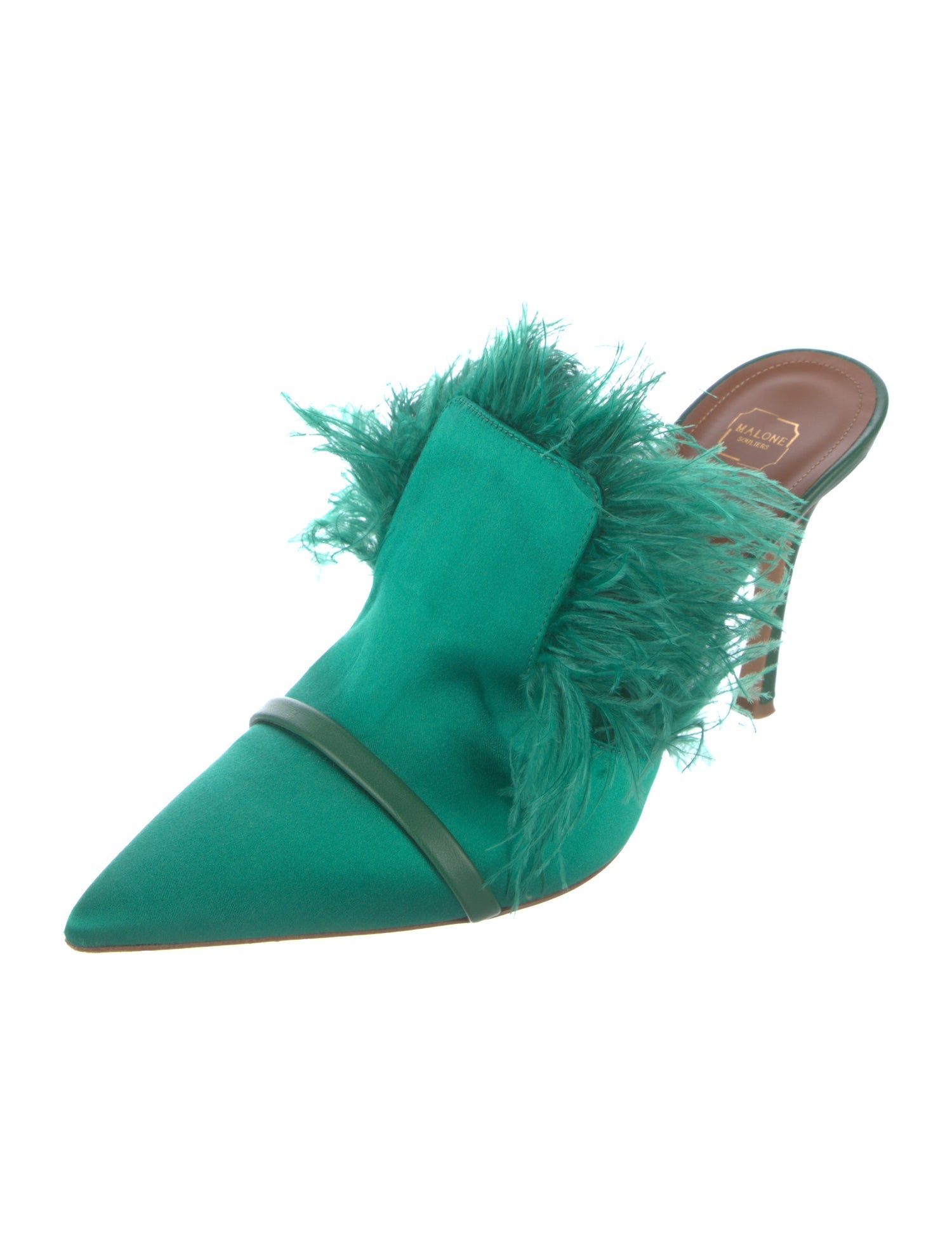 Malone Souliers Satin Feather Trim Mules