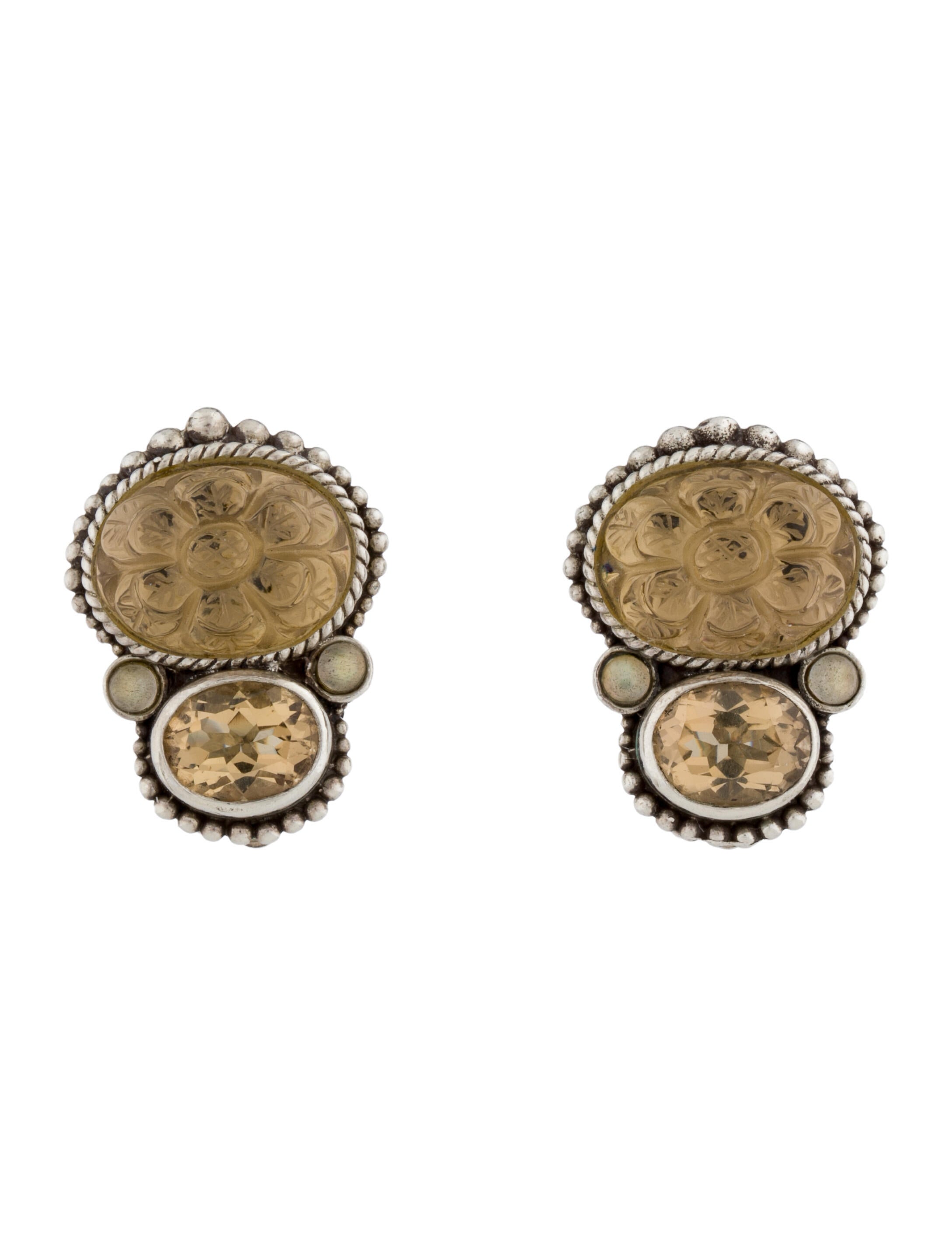 Stephen Dweck Citrine ,Labradorite, Quartz & Mother of Pearl Carved Doublet Floral Clip-On Earrings