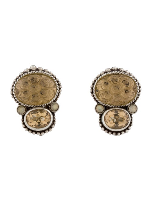 Stephen Dweck Citrine ,Labradorite, Quartz & Mother of Pearl Carved Doublet Floral Clip-On Earrings