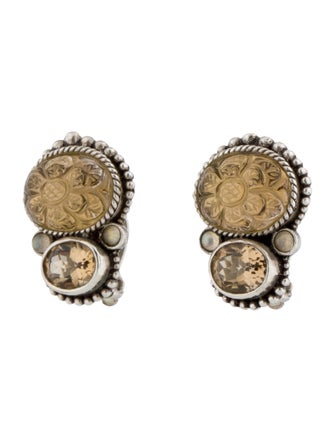 Stephen Dweck Citrine ,Labradorite, Quartz & Mother of Pearl Carved Doublet Floral Clip-On Earrings