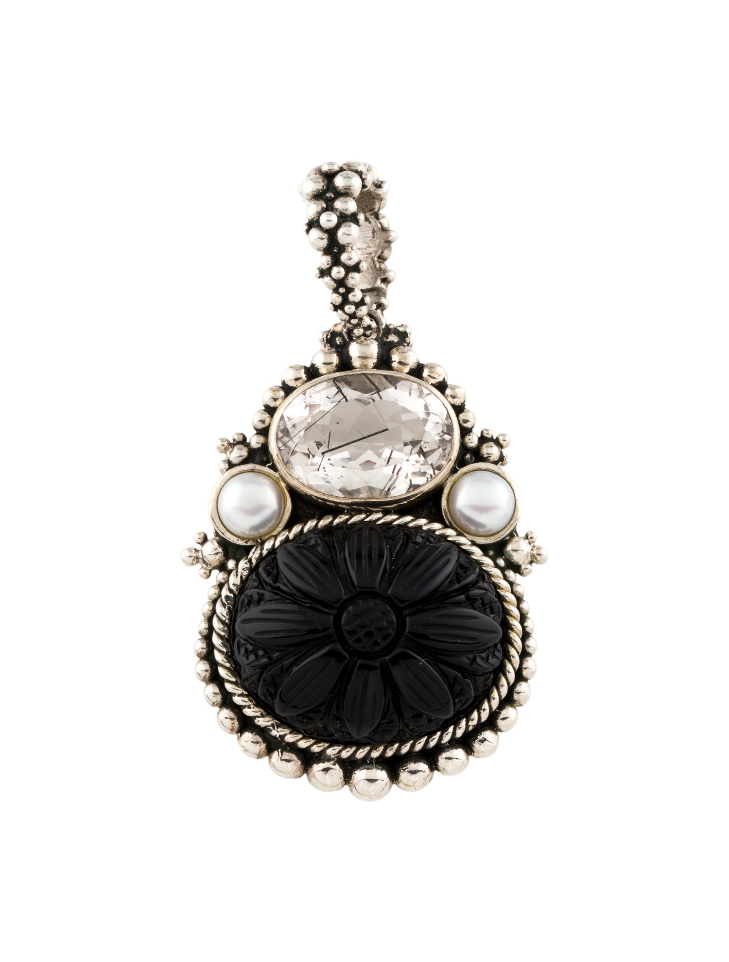 Stephen Dweck Pearl, Onyx & Tourmalinated Quartz Pendant