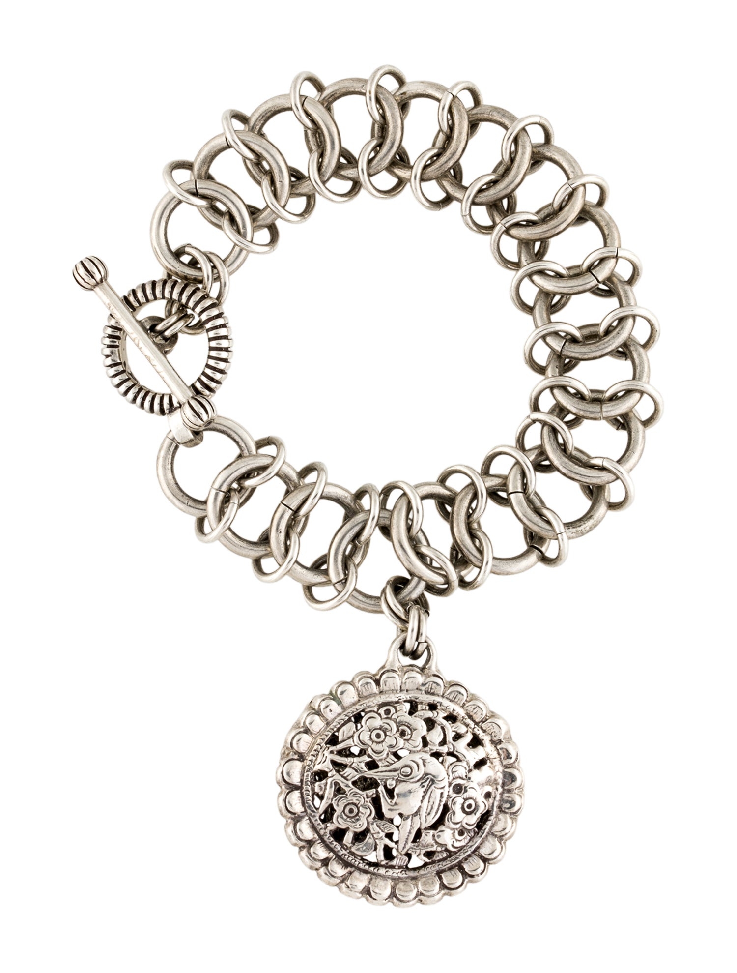 Stephen Dweck Vintage Floral Bird Charm Chain Toggle Bracelet
