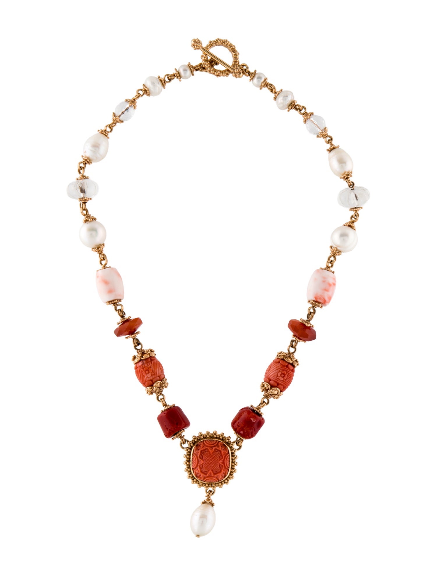 Stephen Dweck 18K Pearl, Carved Coral & Multi Gem Necklace