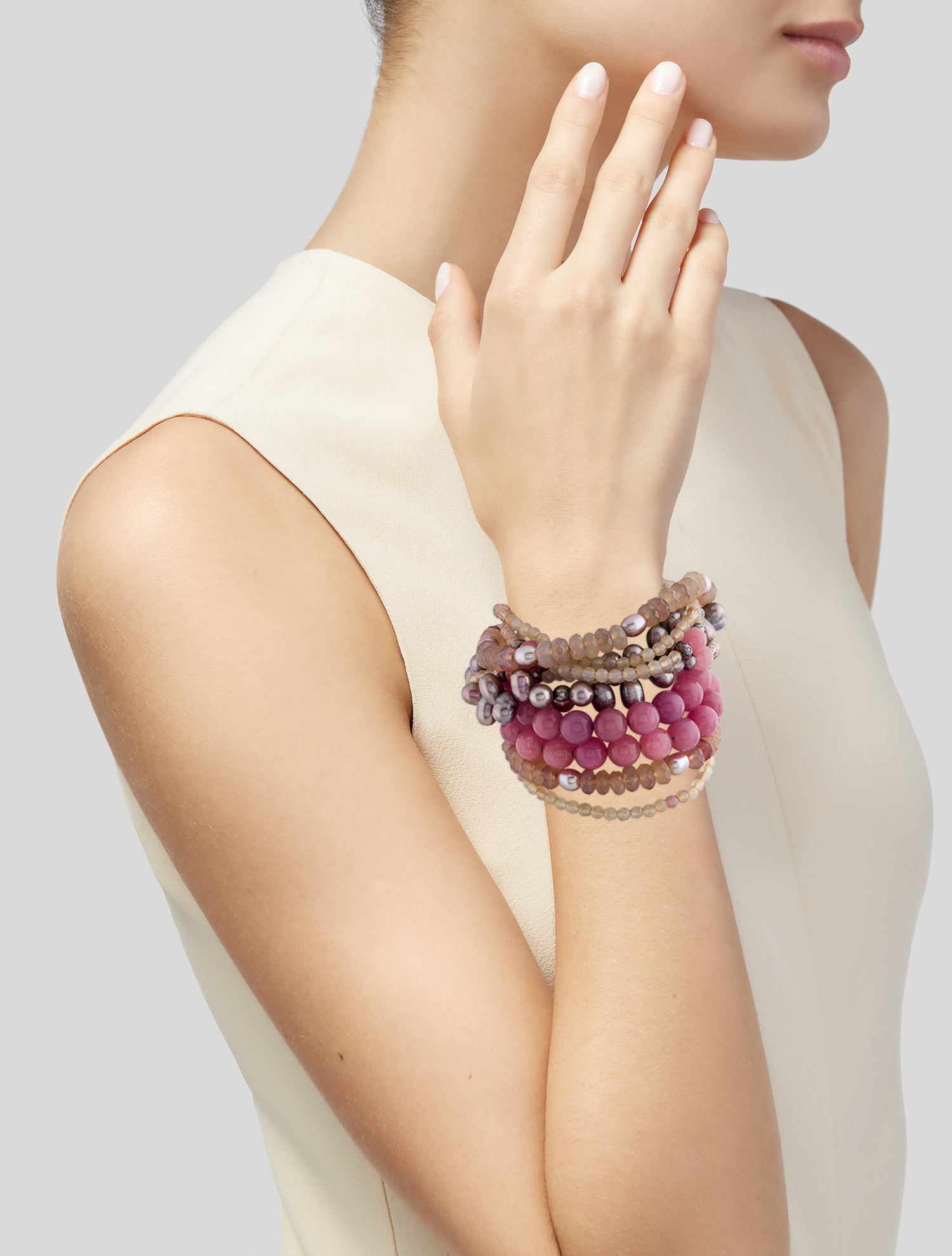 Stephen Dweck Dyed Pearl, Dyed Chalcedony, & Dyed Quartzite Beaded Multistrand Bracelet