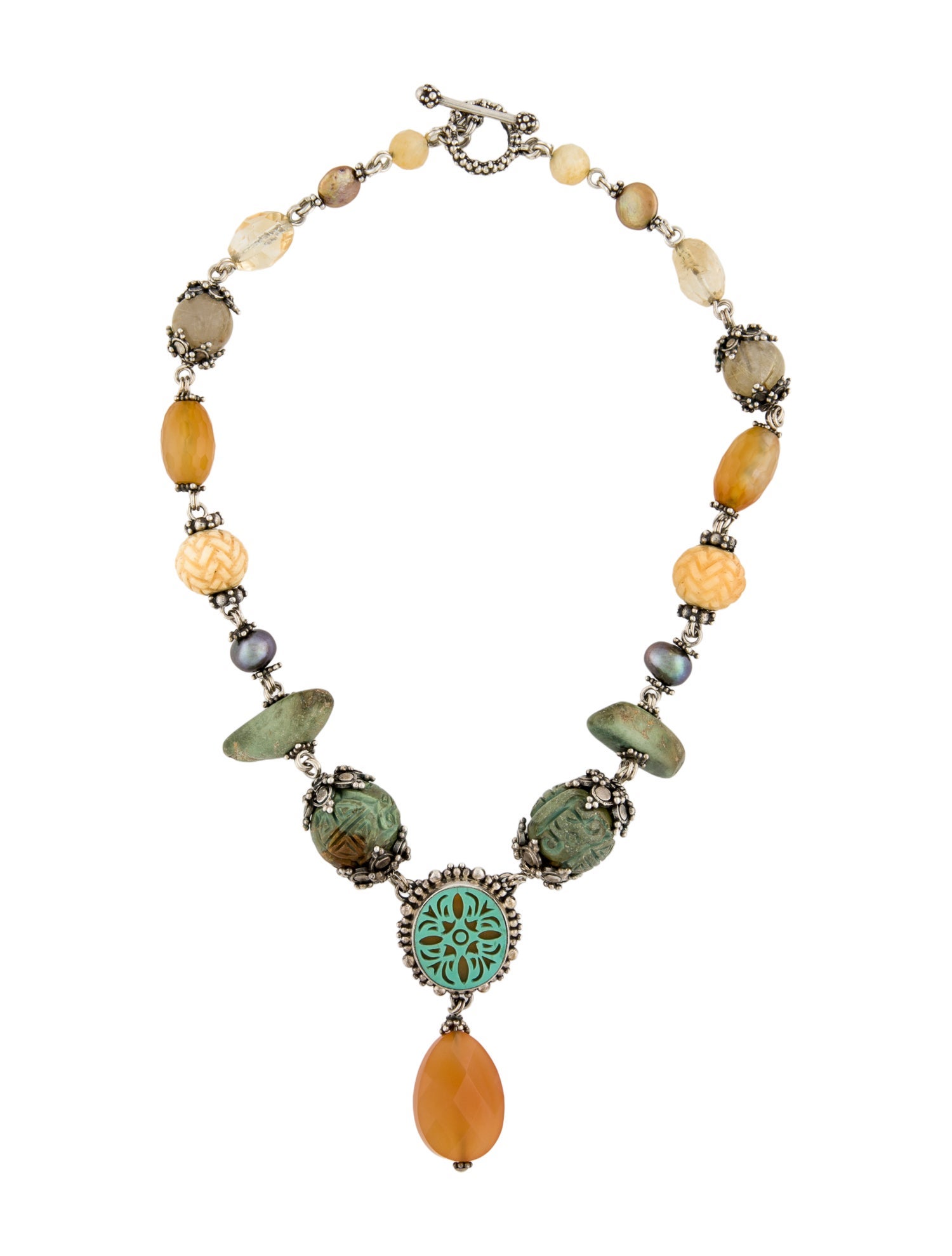 Stephen Dweck Dyed Pearl & Multi-Stone Carved Bead Necklace