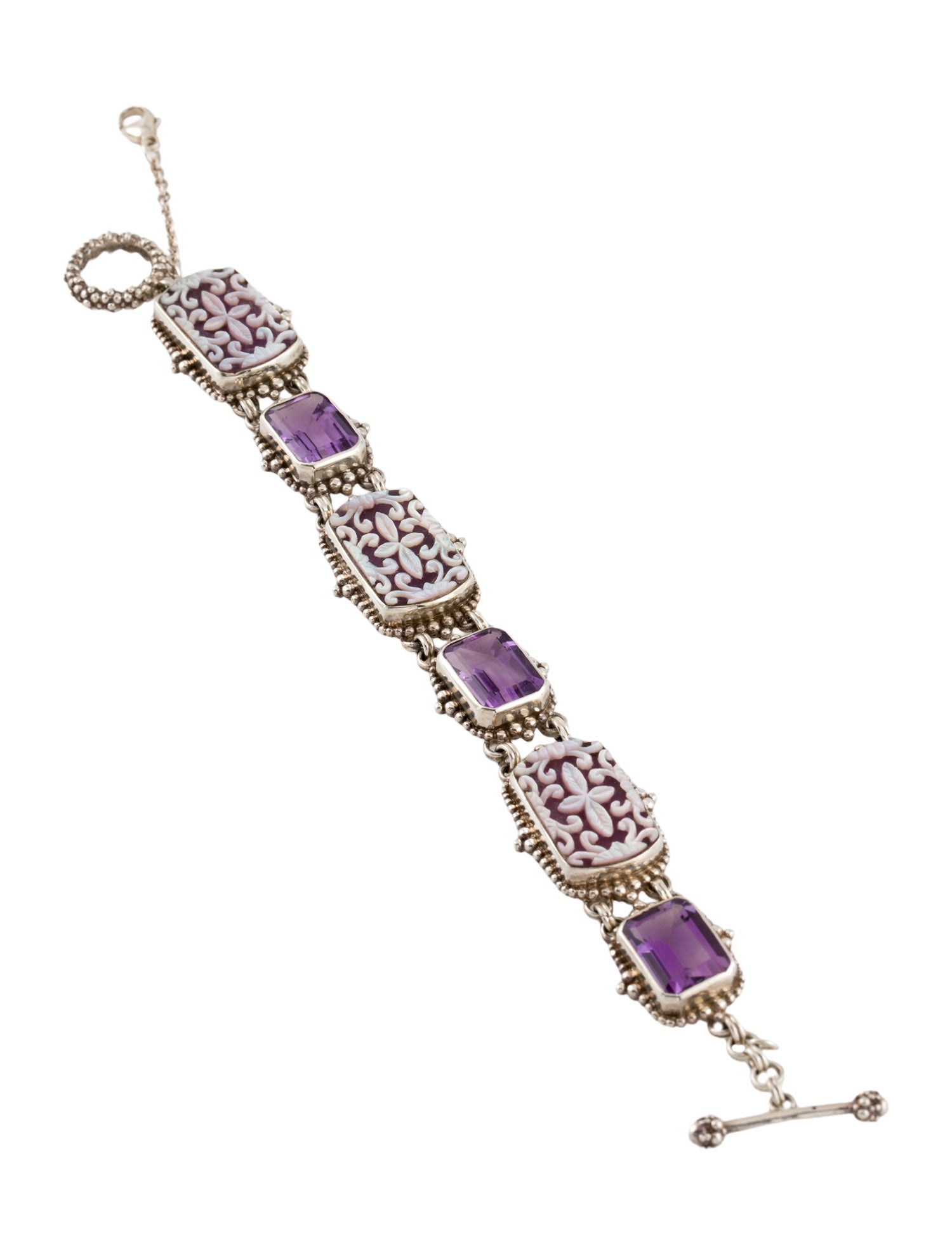 Stephen Dweck Mother of Pearl, Amethyst, & Carved Glass Link Bracelet