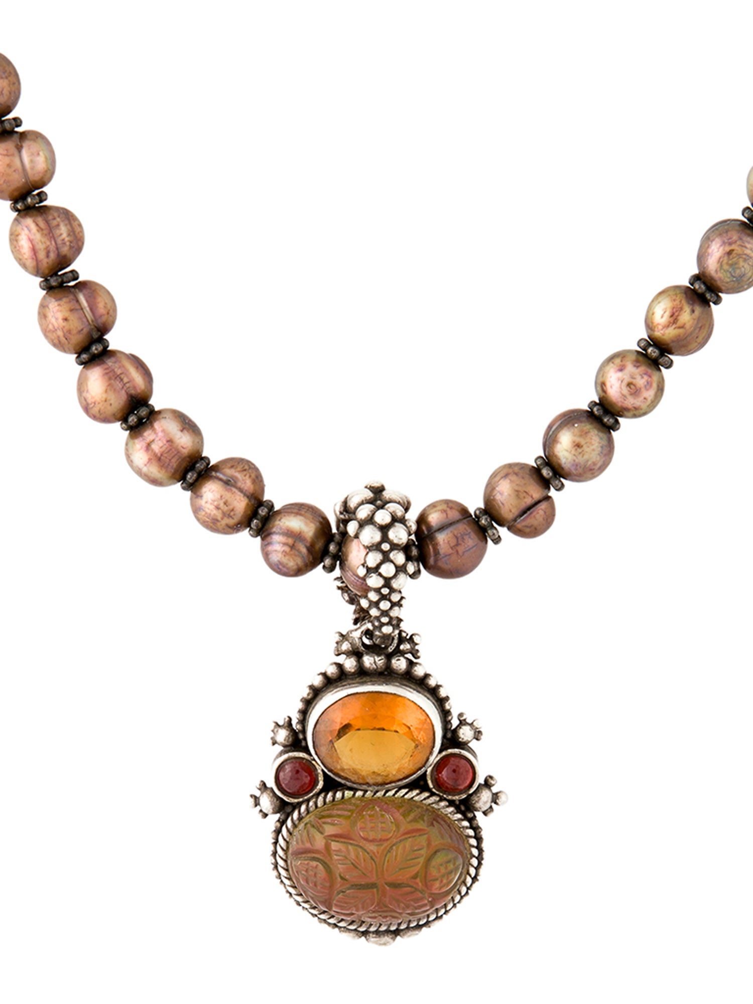 Stephen Dweck Pearl, Garnet, Quartz & Citrine Carved Strand Necklace Pendant
