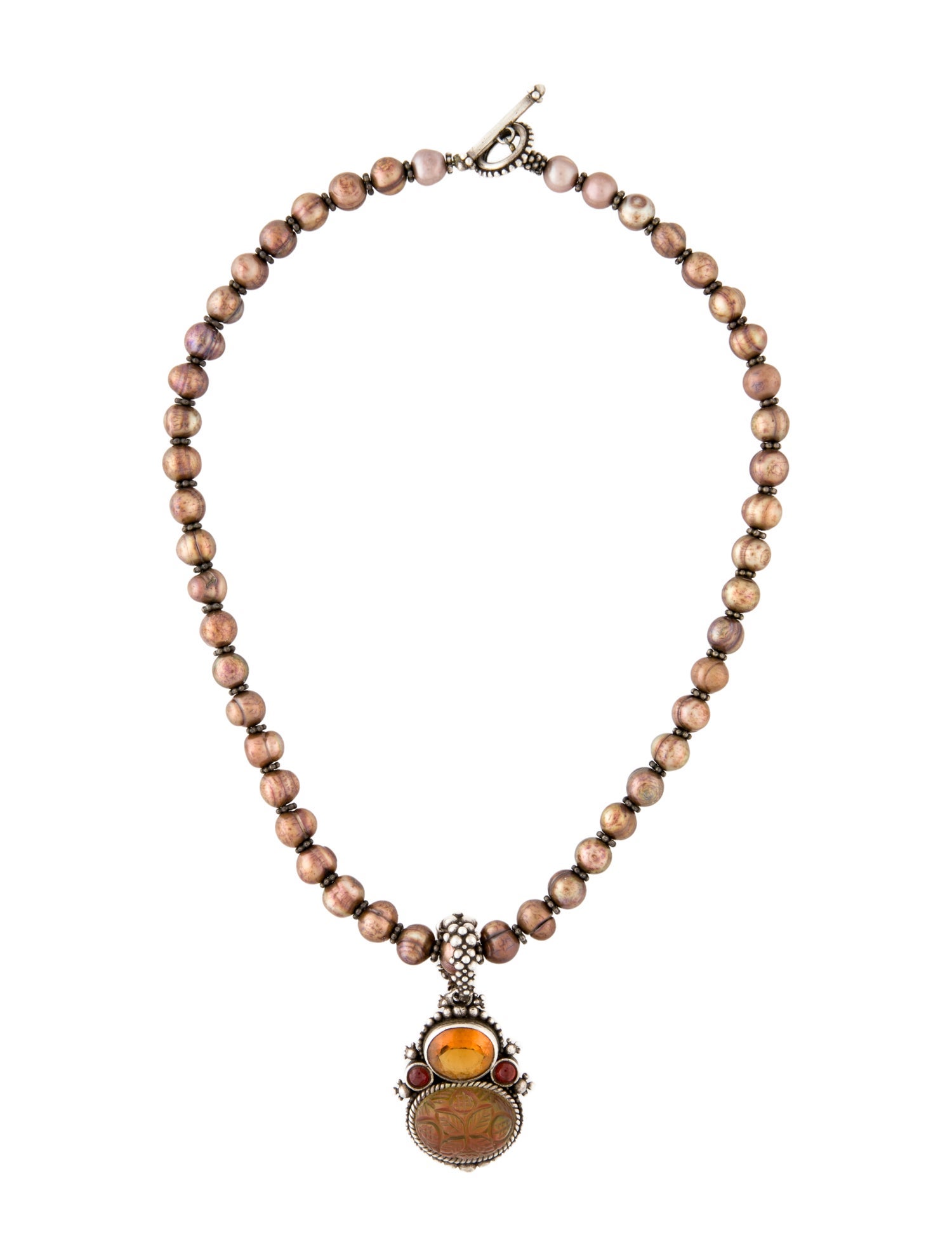 Stephen Dweck Pearl, Garnet, Quartz & Citrine Carved Strand Necklace Pendant