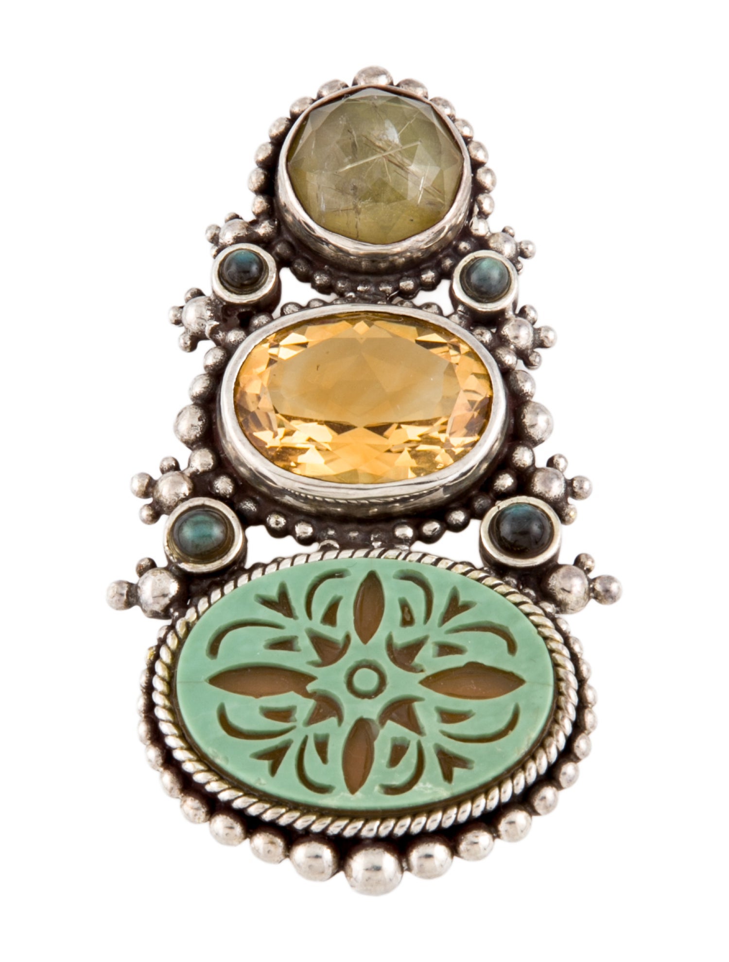 Stephen Dweck Vintage Citrine, Rutilated Quartz, & Chalcedony Brooch