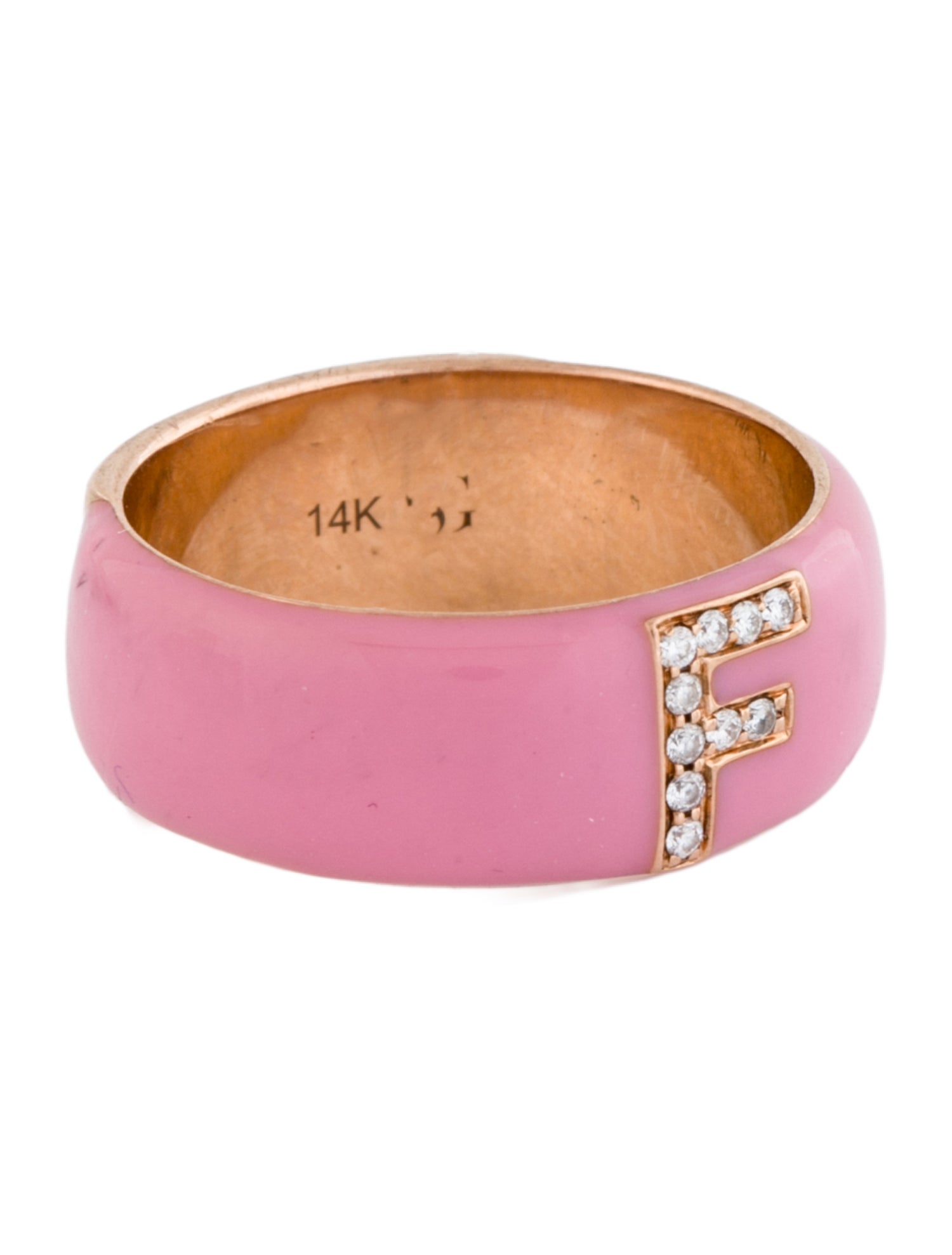 Stephanie Gottlieb 14K Diamond & Pink Enamel Initial "F" Cigar Band