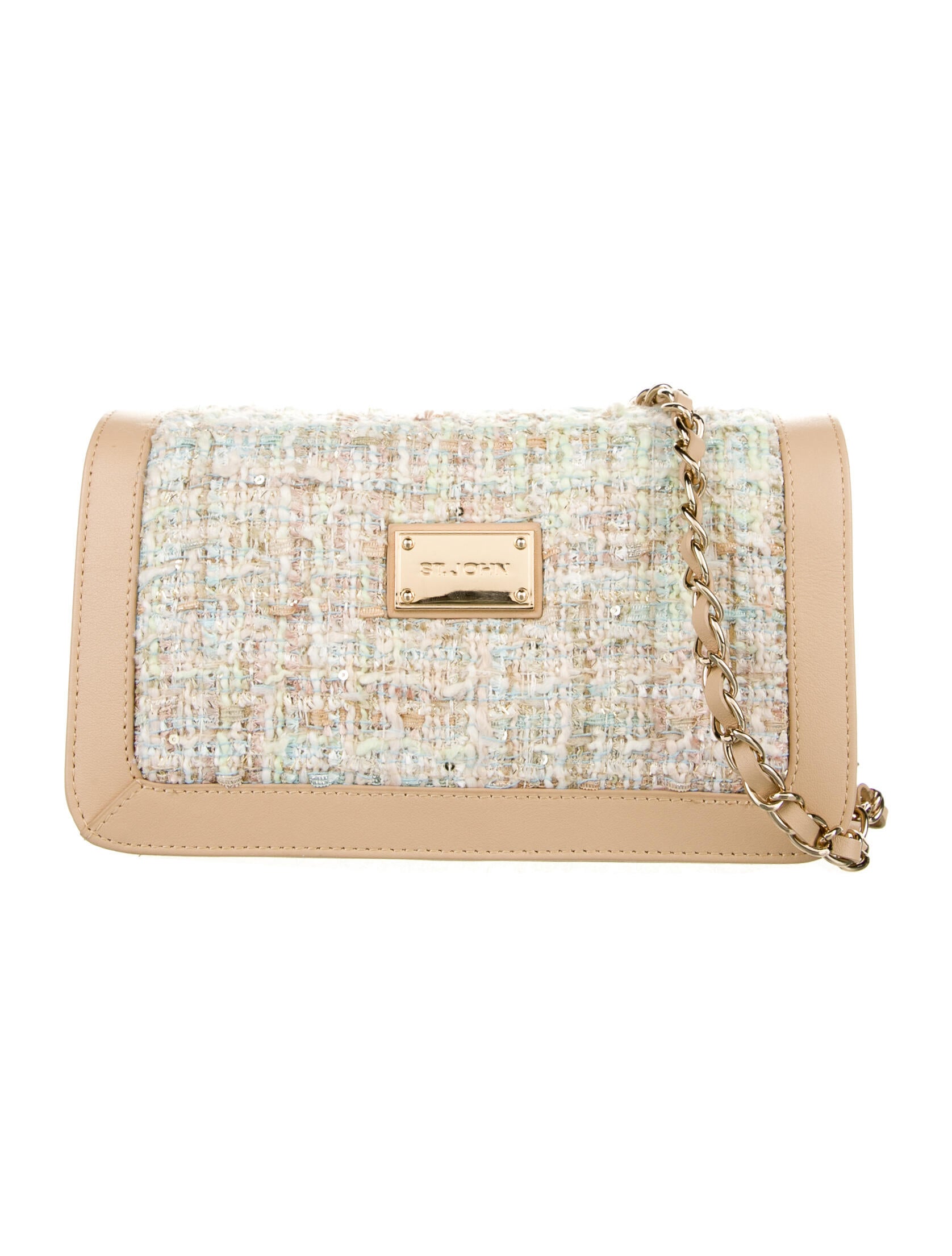 St. John LeatherTrimmed Tweed Clutch on Chain Neutrals Clutches