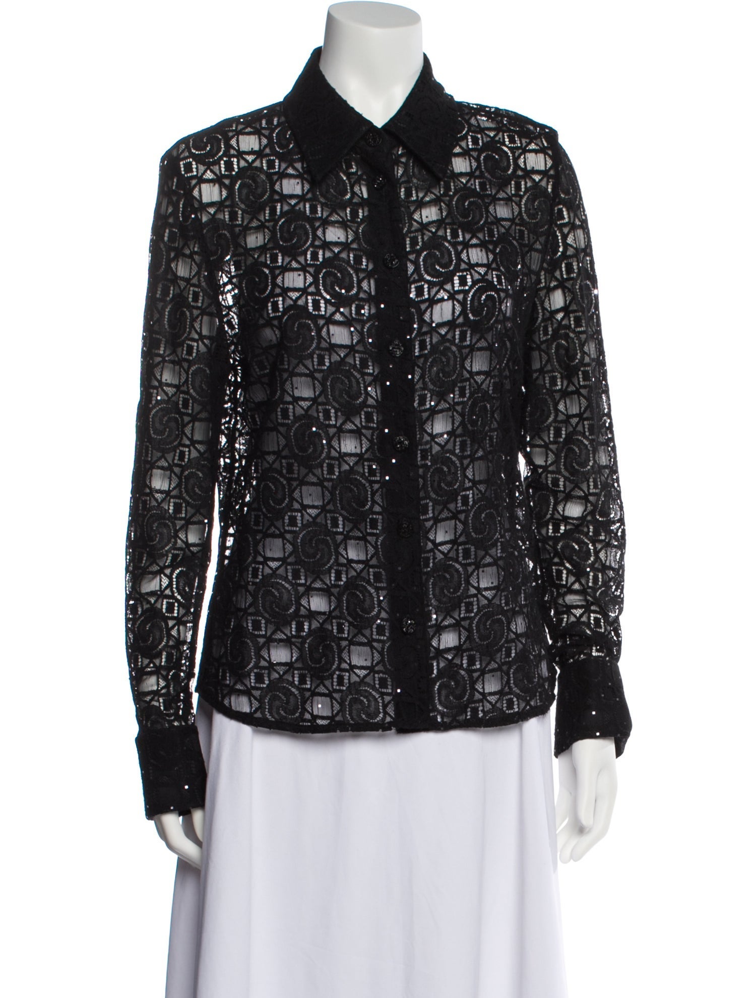 St. John Lace Pattern Long Sleeve Button-Up Top