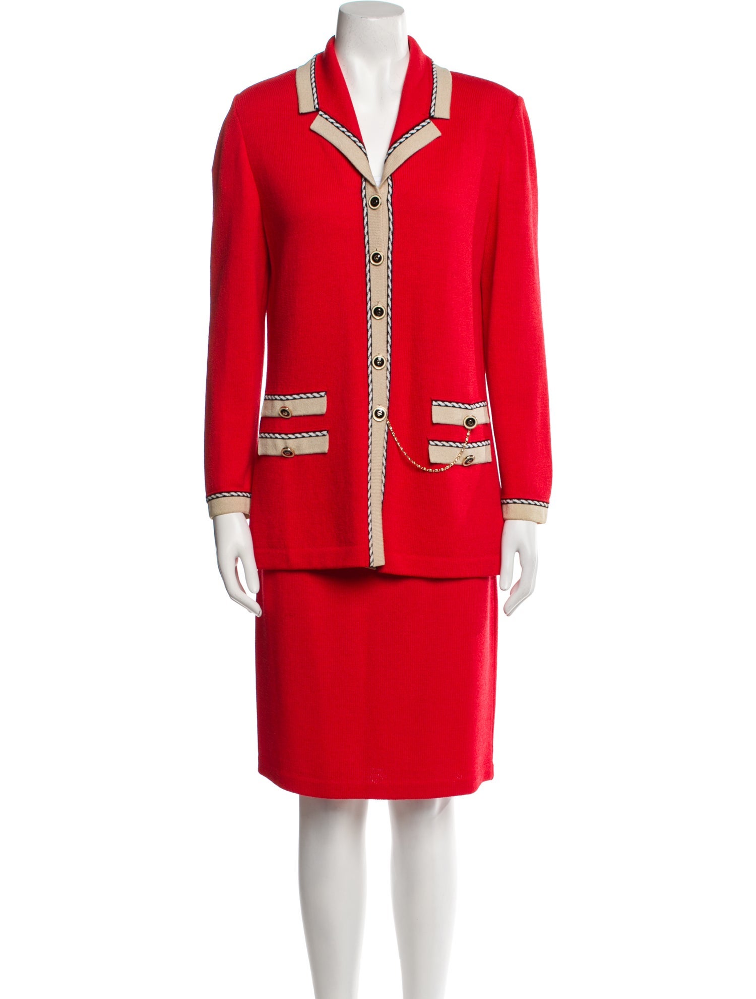 St. John Striped Chain-Link Accents Skirt Suit