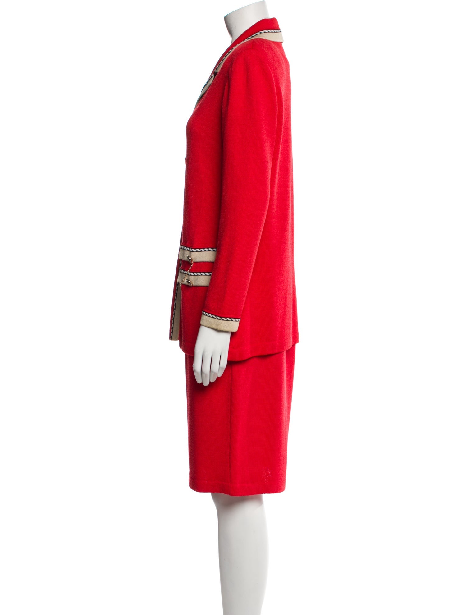 St. John Striped Chain-Link Accents Skirt Suit