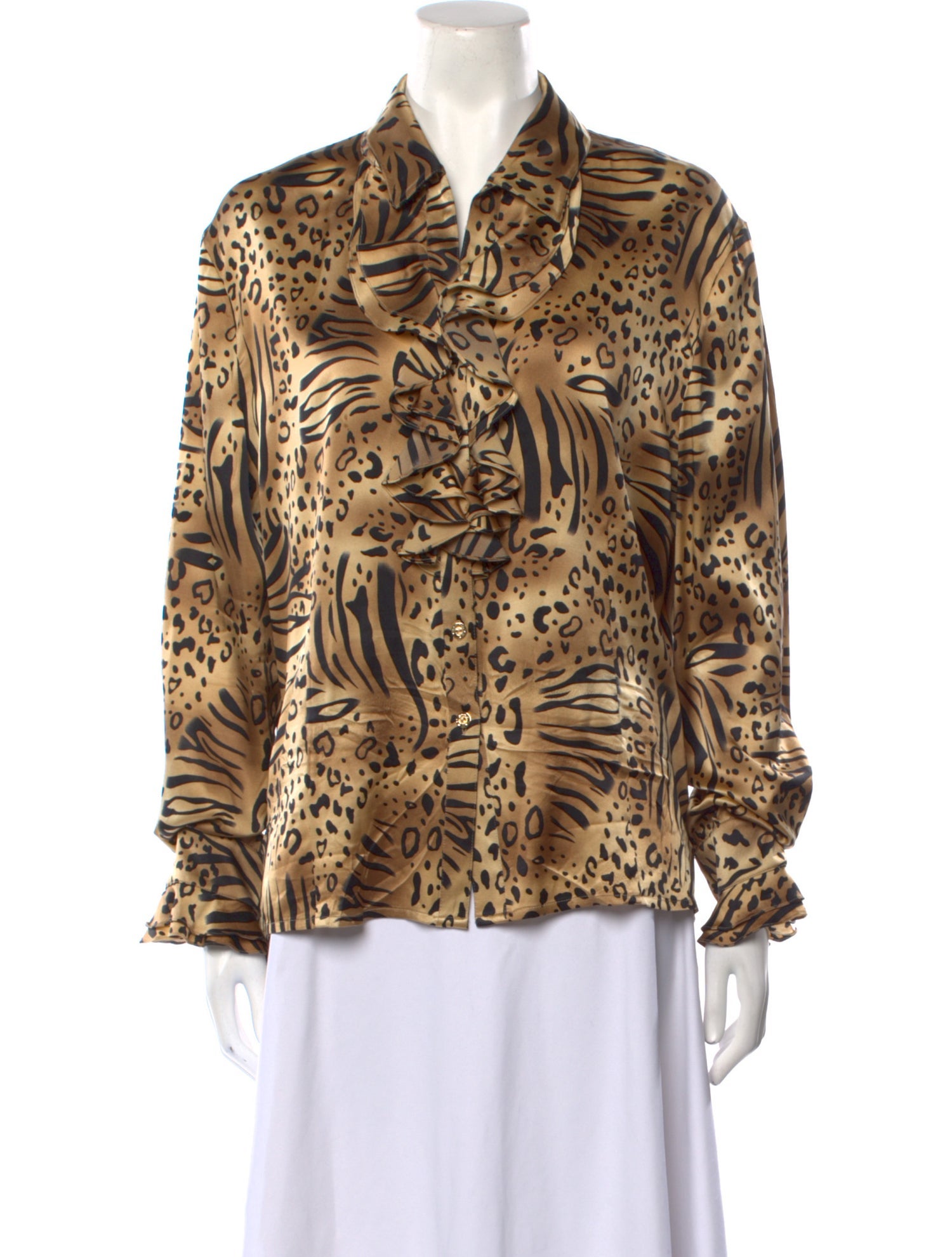 St. John Silk Animal Print Button-Up Top