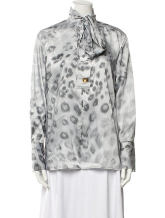 St. John Animal Print Mock Neck Button-Up Top