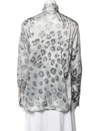 St. John Animal Print Mock Neck Button-Up Top