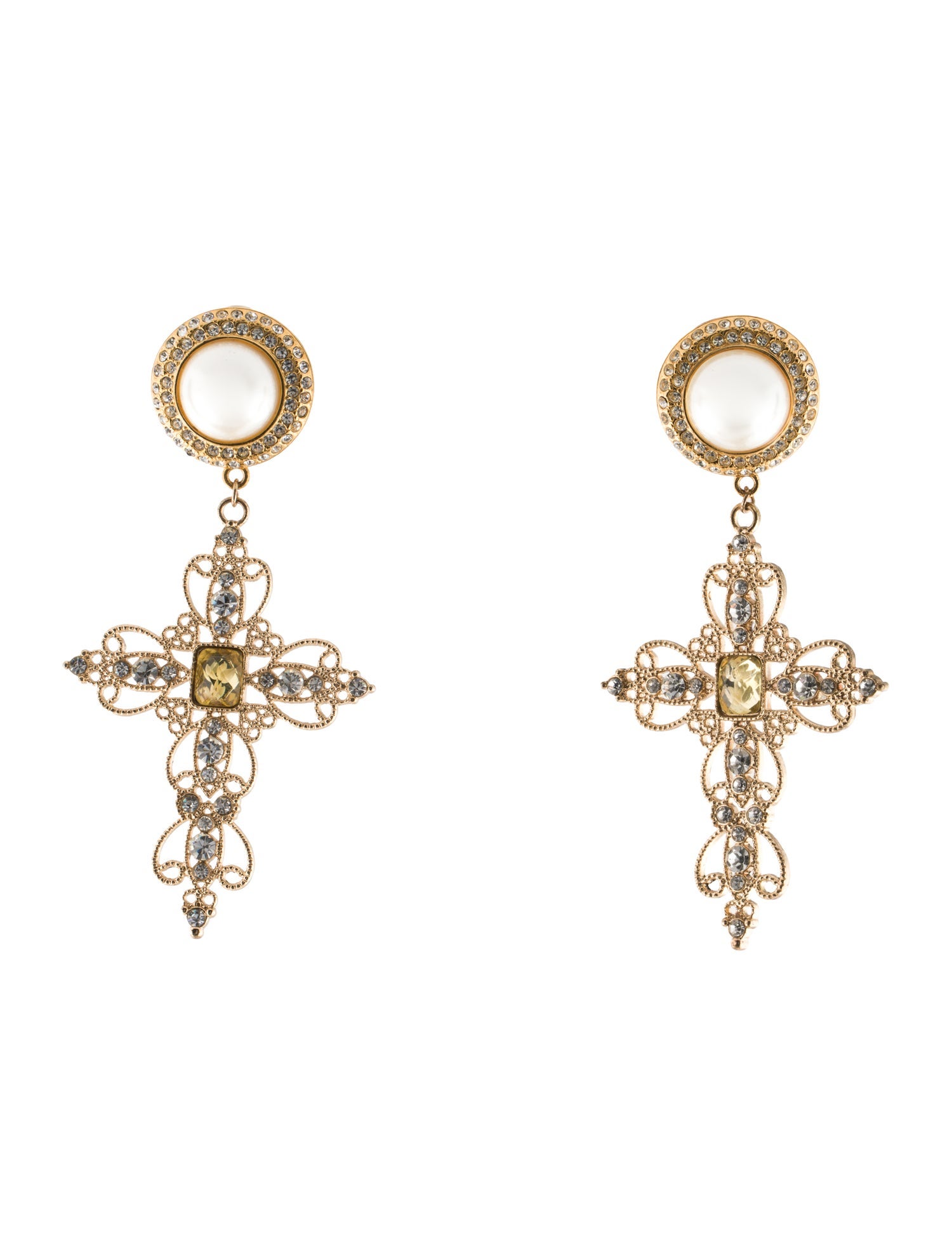 St. John Faux Pearl & Crystal Cross Clip-On Drop Earrings