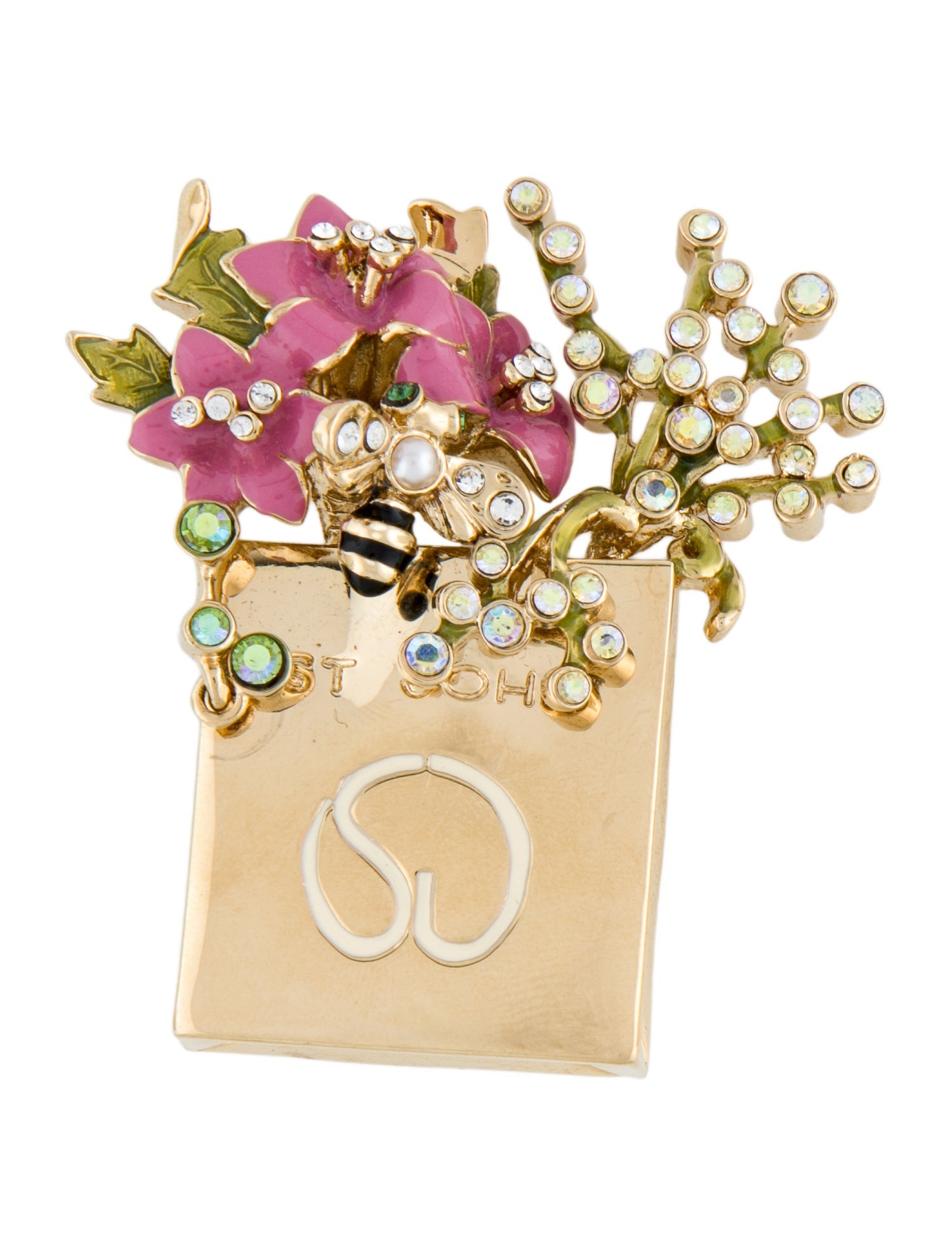 St. John Faux Pearl, Crystal & Enamel Floral Shopping Bag Brooch