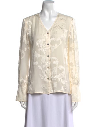 St. John Printed V-Neck Button-Up Top