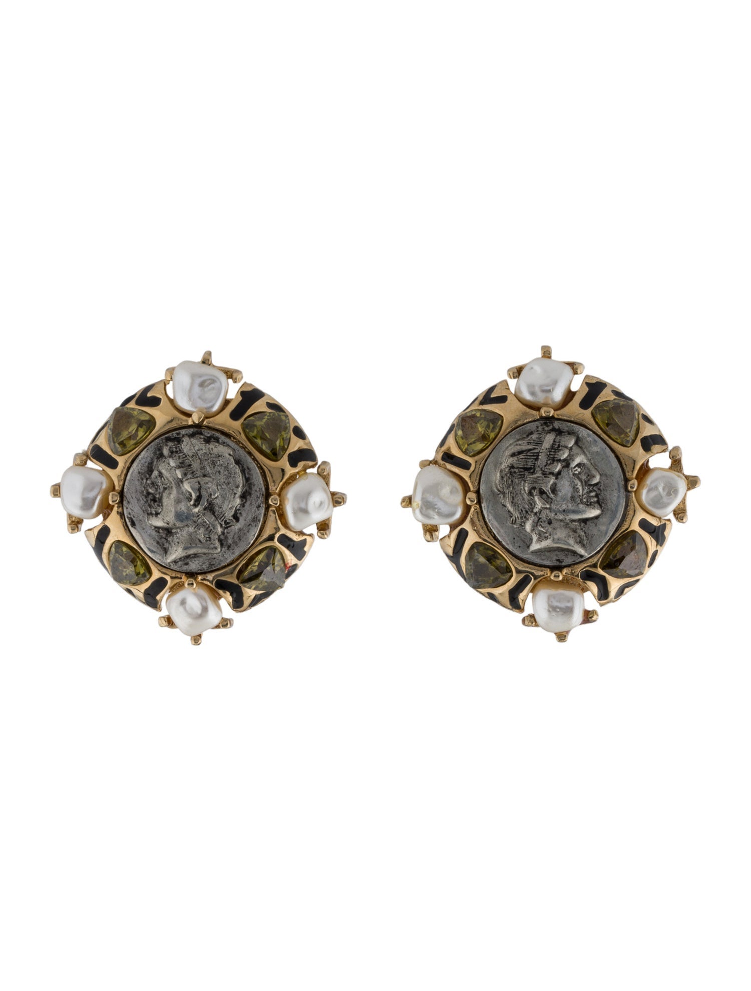 St. John Faux Pearl, Crystal & Enamel Clip-On Earrings