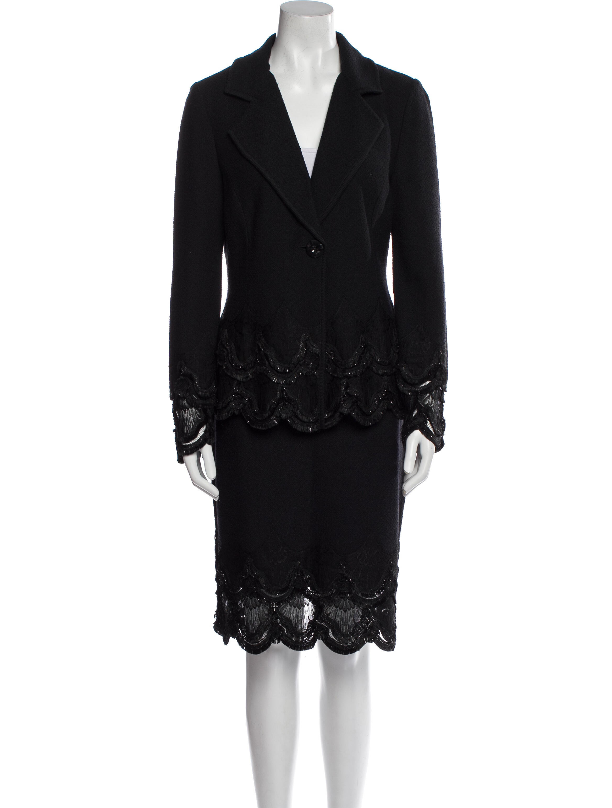 St. John Lace Pattern Fringe Trim Accent Skirt Suit