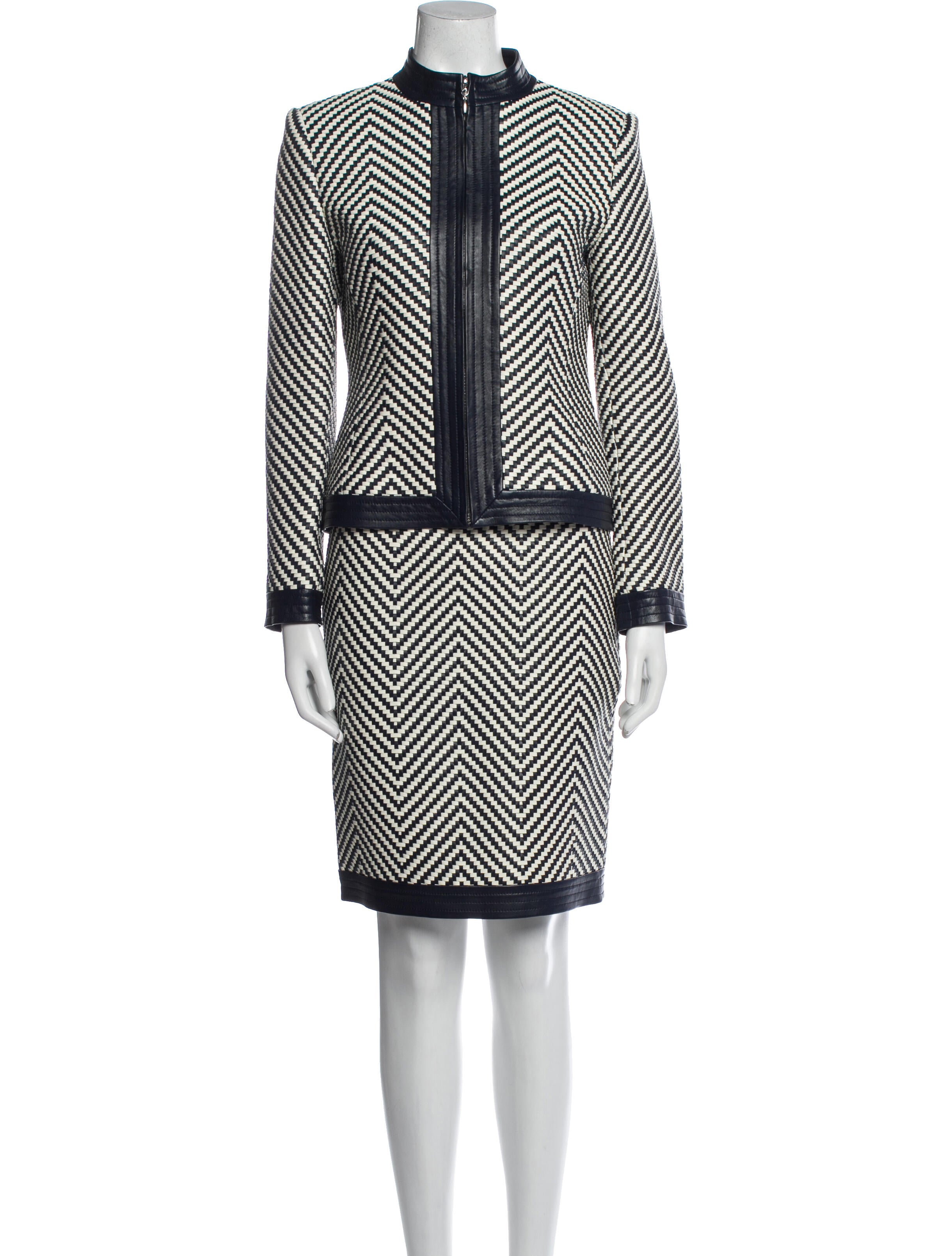 St. John Lamb Leather Striped Skirt Set