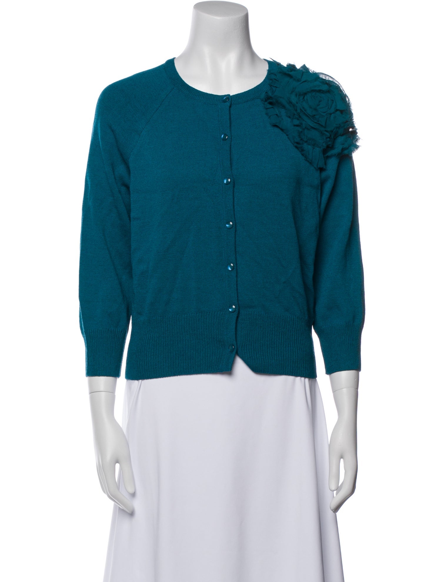 St. John Crew Neck Three-Quarter Sleeve Button-Up Top