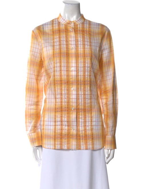 St. John Plaid Print Mock Neck Button-Up Top