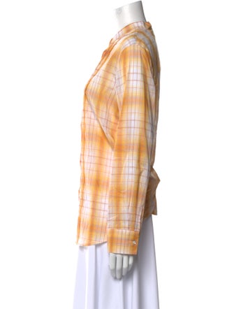 St. John Plaid Print Mock Neck Button-Up Top