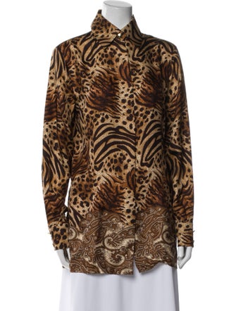 St. John Silk Animal Print Button-Up Top