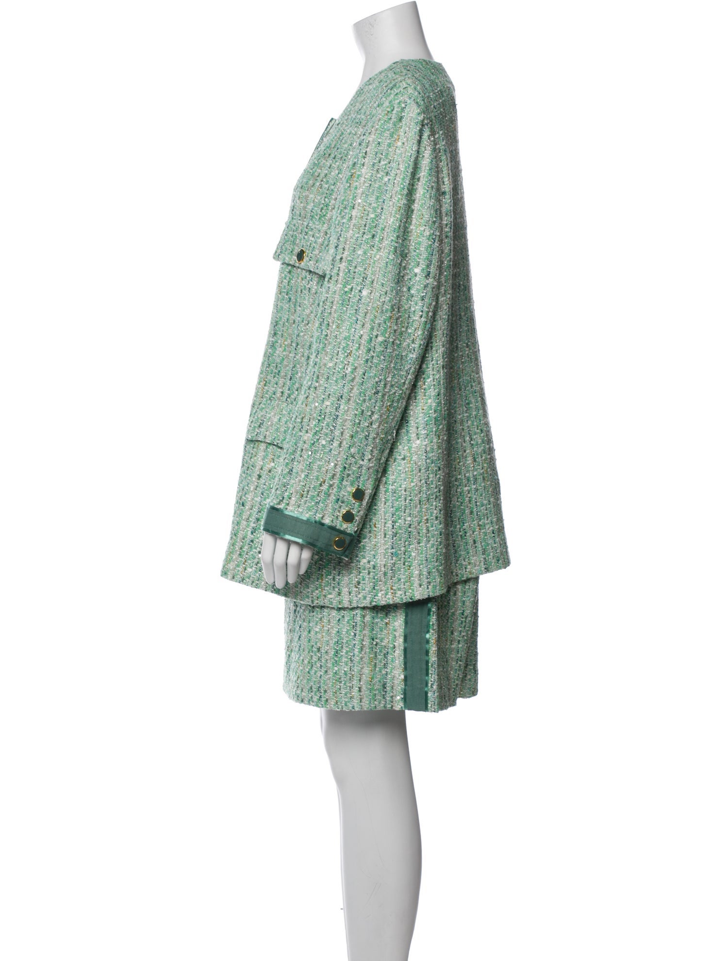 St. John Tweed Pattern Grosgrain Trim Skirt Suit